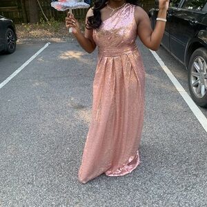 Rose Gold Sequined Pleated One Shoulder Long Bridesmaid Dress EUC